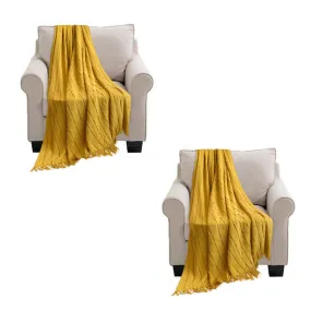 SOGA 2X Mustard Textured Knitted Throw Blanket Warm Cozy Woven Cover Couch Bed Sofa Home Decor with Tassels