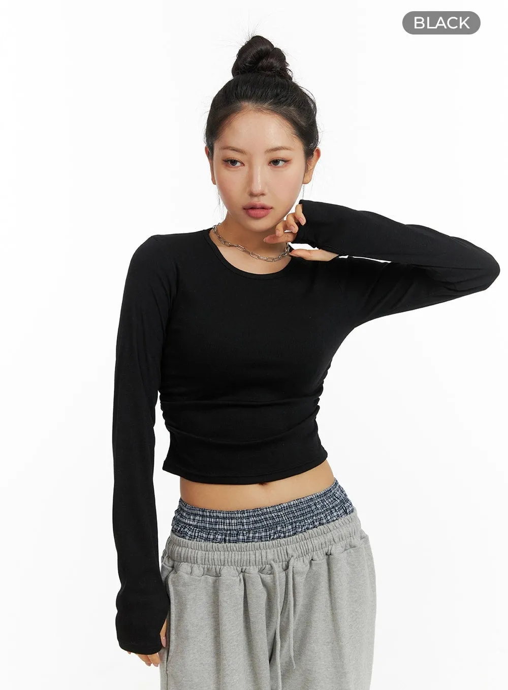 Solid Long Sleeve Crop Top CM408