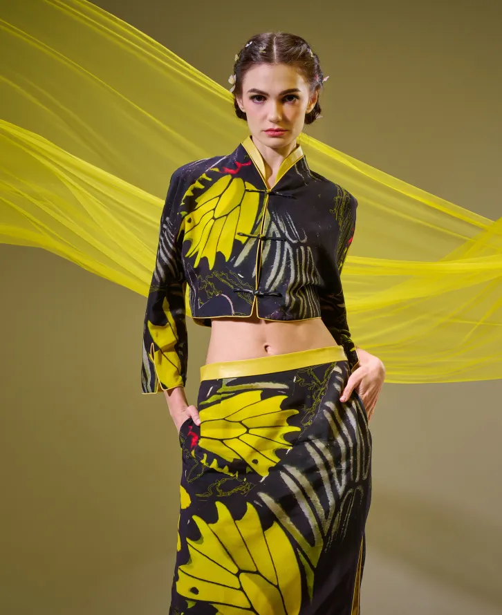 SPARKLE BY KAREN CHAN x Fung Yuen Butterfly Reserve【GOLDEN BIRDWING】100% Silk Cheongsam Cropped Top / Jacket (Long Sleeve) (金裳鳳蝶)