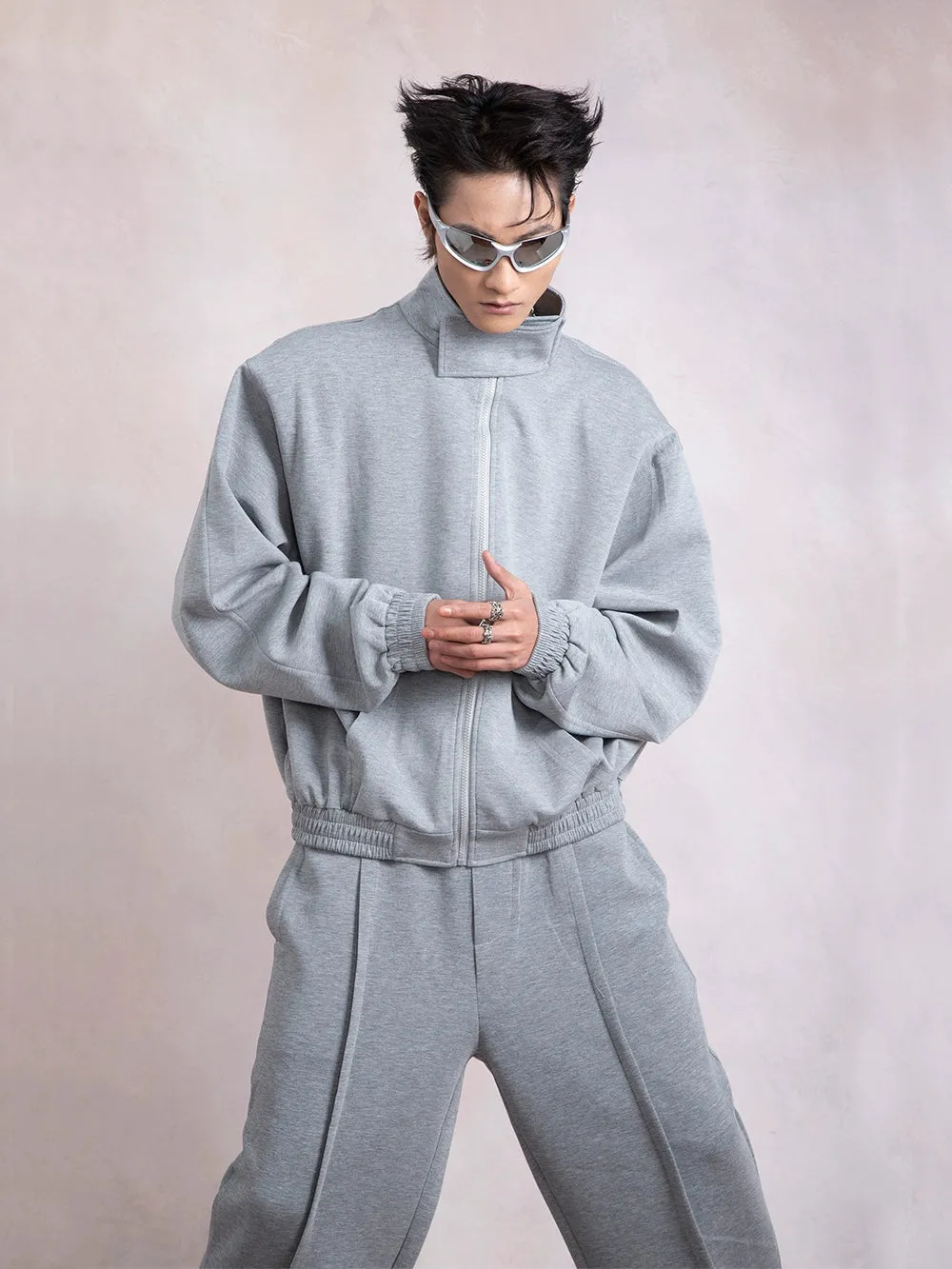 Stand Neck Shoulder Pad Sporty Sweat Jacket & Sweatpants Setup WN9273