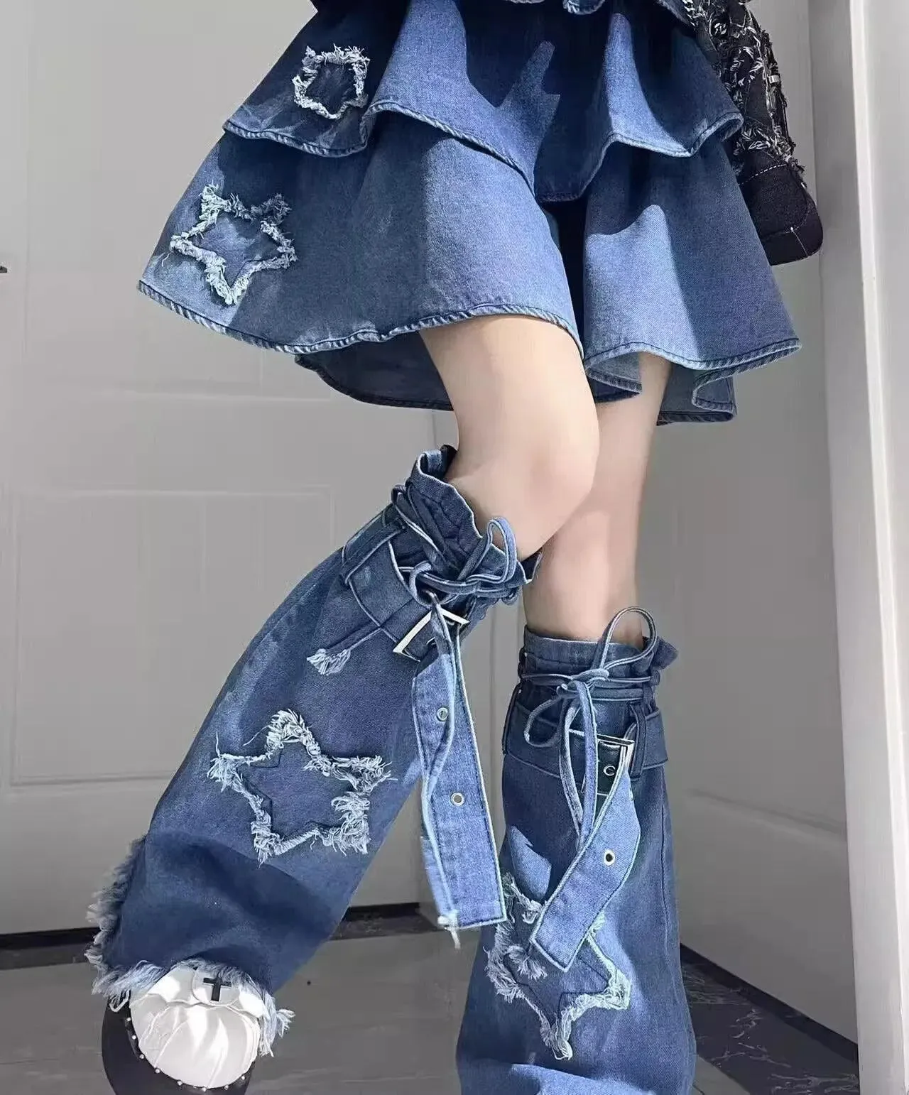 Star Patched Flared Denim Leg Warmers Y2K | Gothic & Punk Outfis