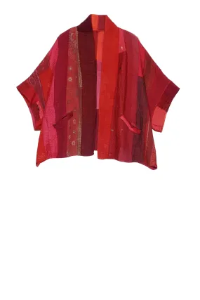 STRIPE AND CHECK COTTON SILK PATCH KANTHA MINI PONCHO - ss4060-red -