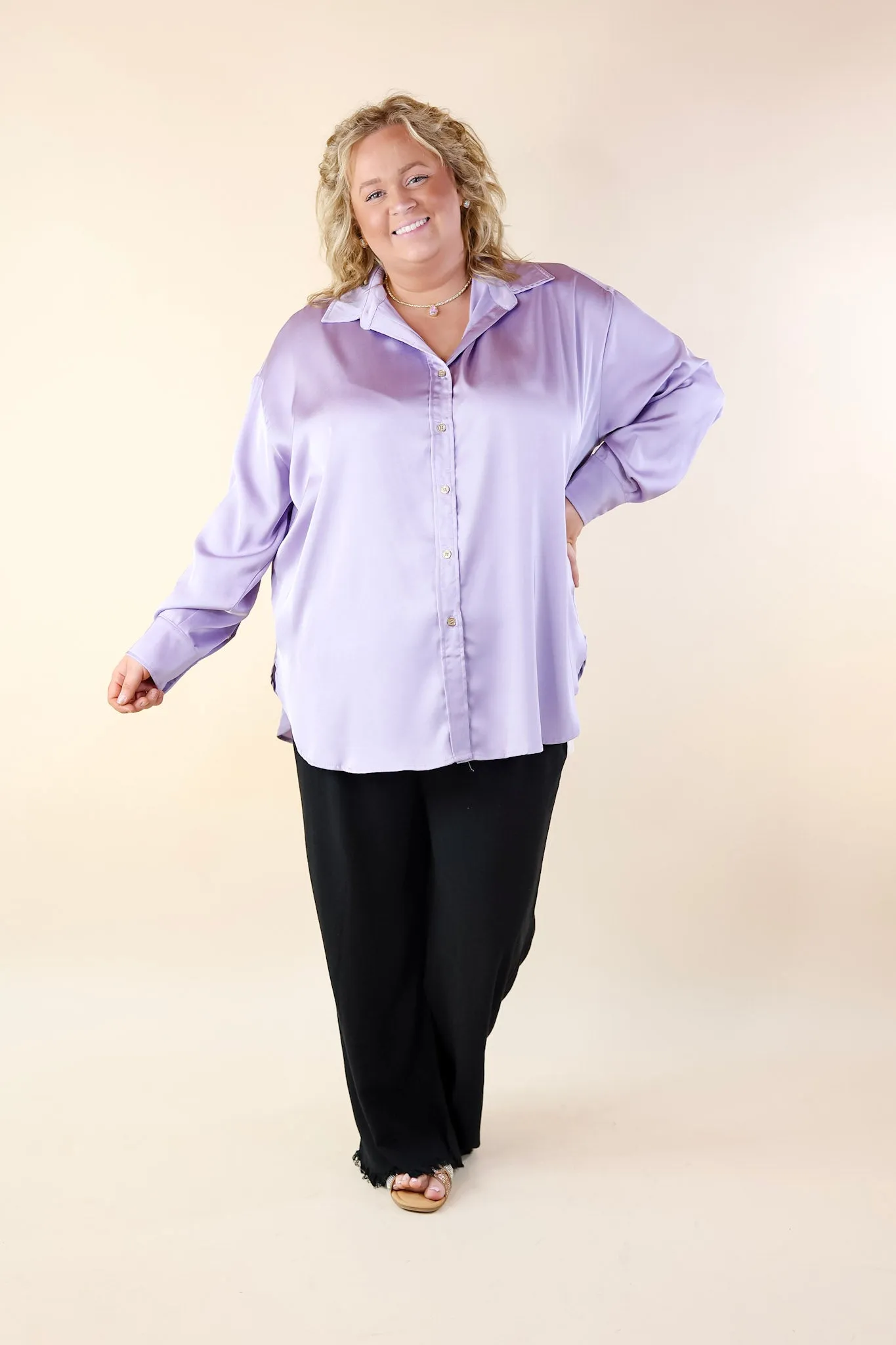 Tell Me Something Good Long Sleeve Button Up Top in Lavender Purple