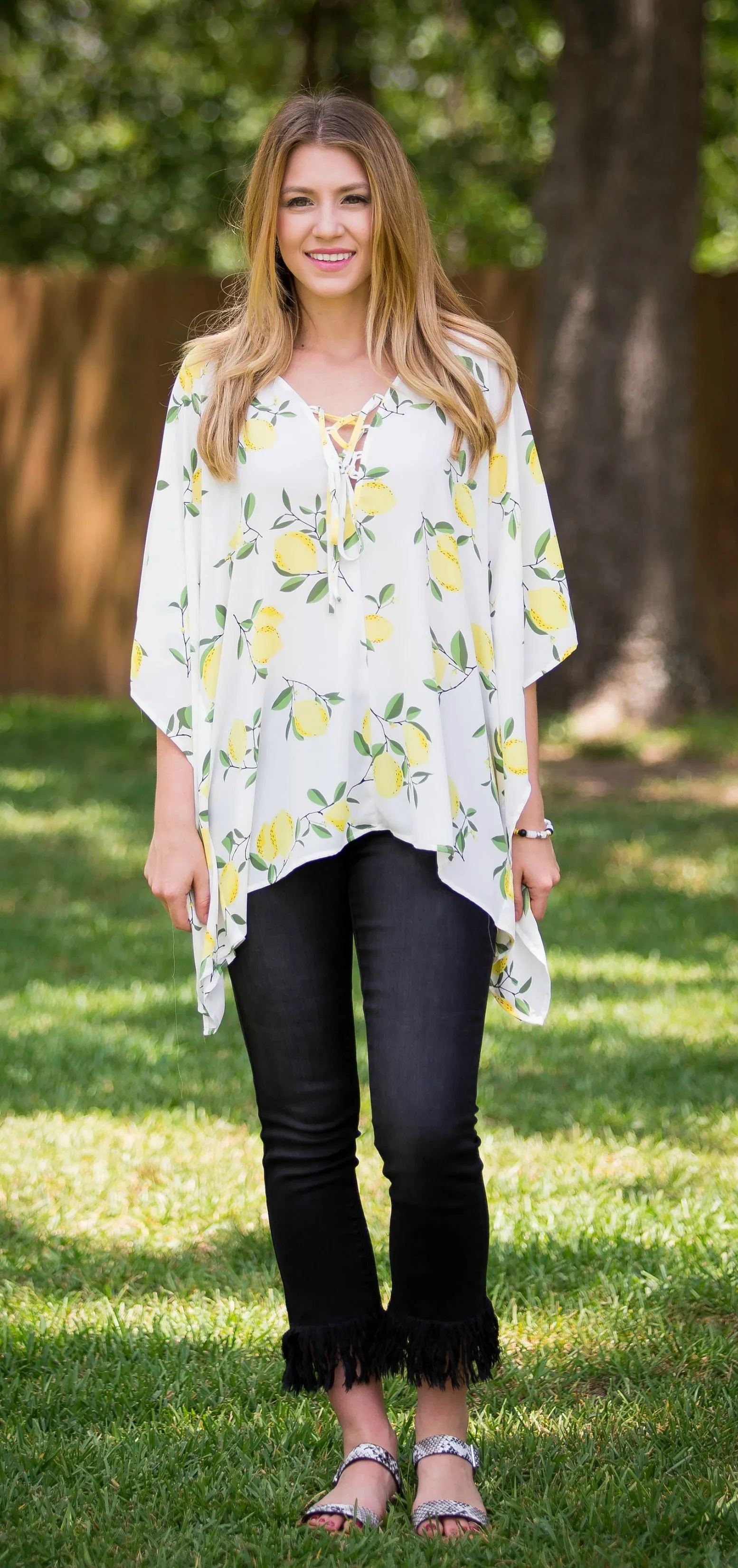 This Is Happiness Lemon Print Oversized Poncho Top with Lace Up Detail