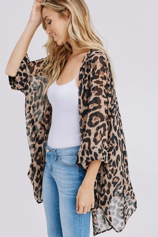 Three-quarter sleeve animal print chiffon kimono cardigan