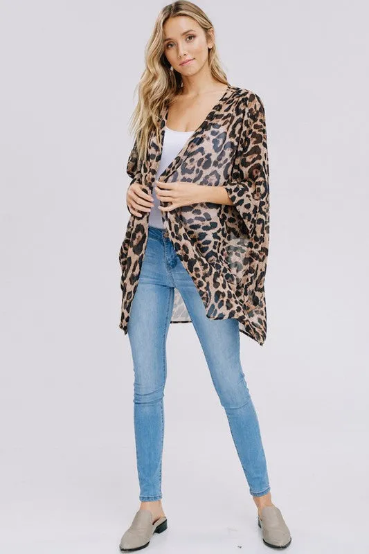 Three-quarter sleeve animal print chiffon kimono cardigan