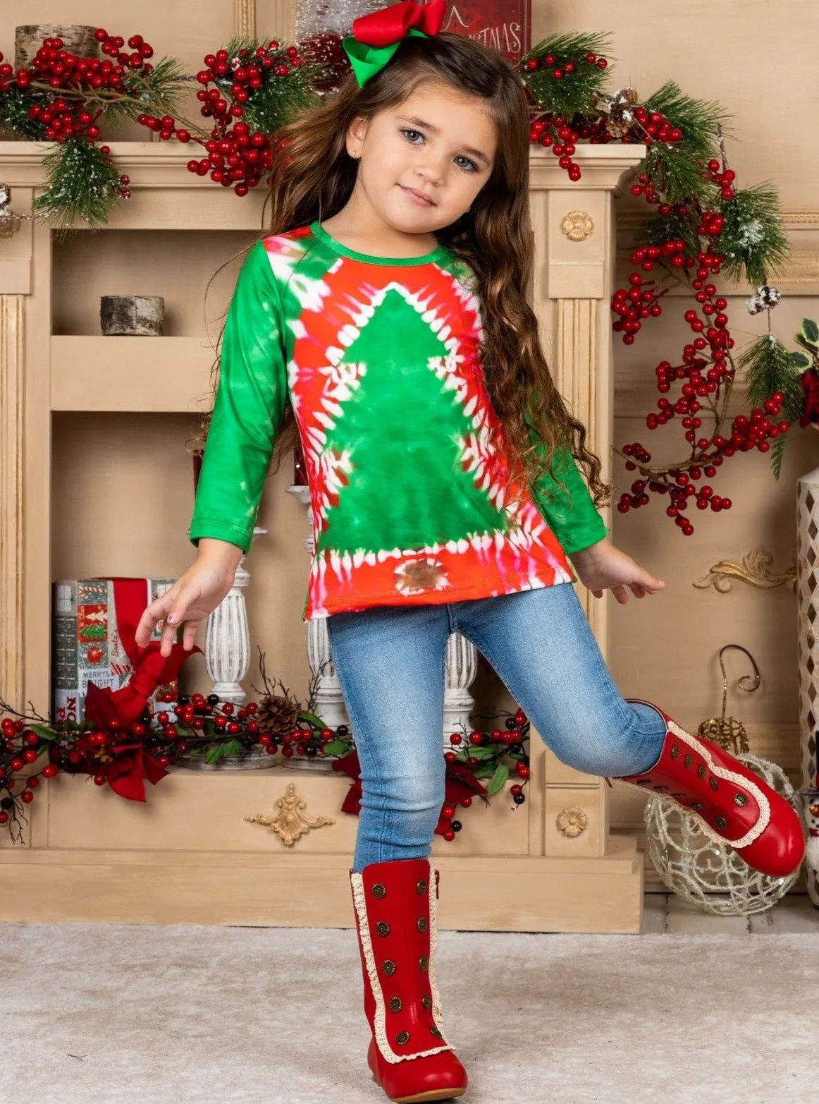 Tie Dye Christmas Tree Long Sleeve Top