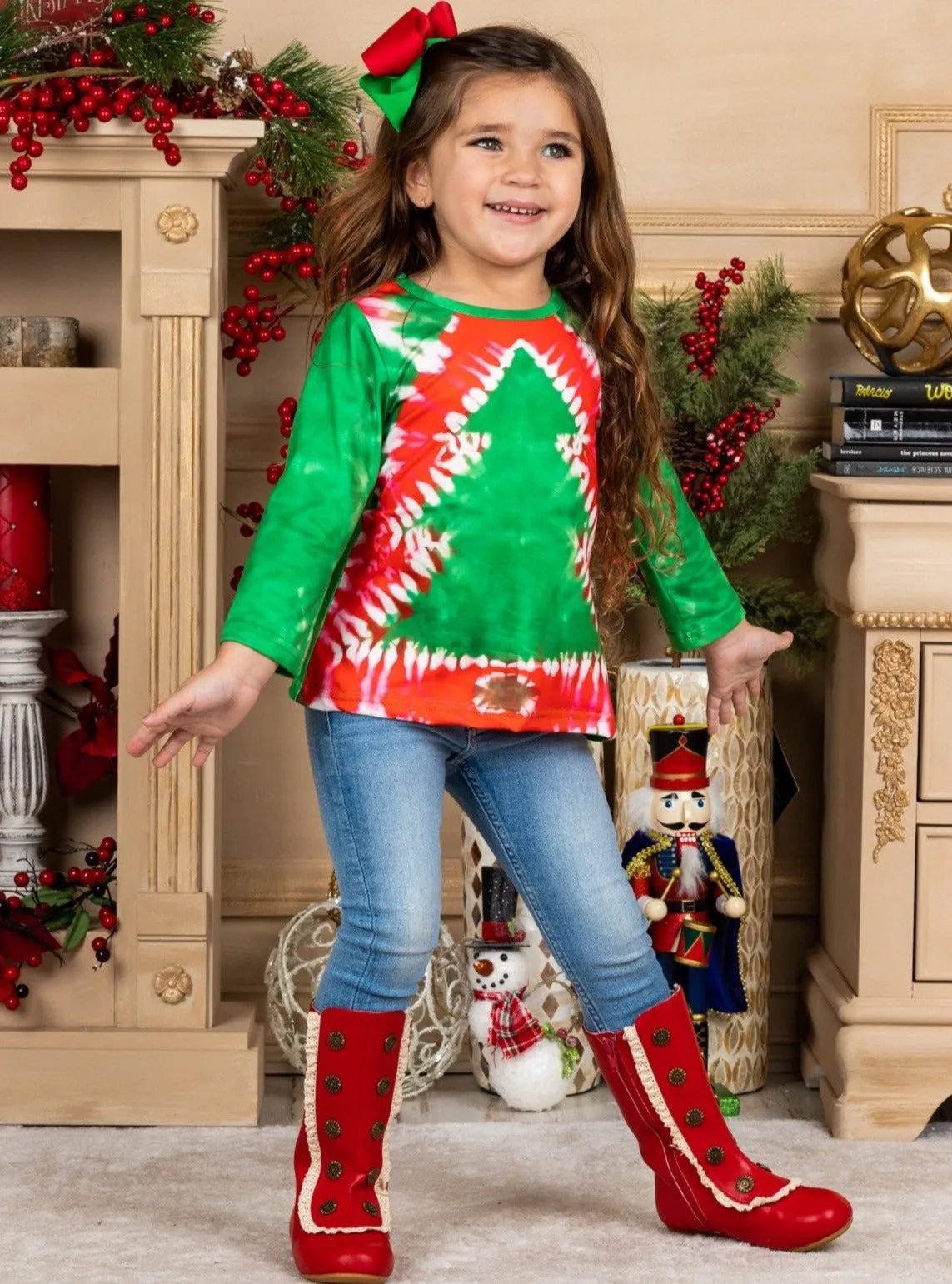 Tie Dye Christmas Tree Long Sleeve Top