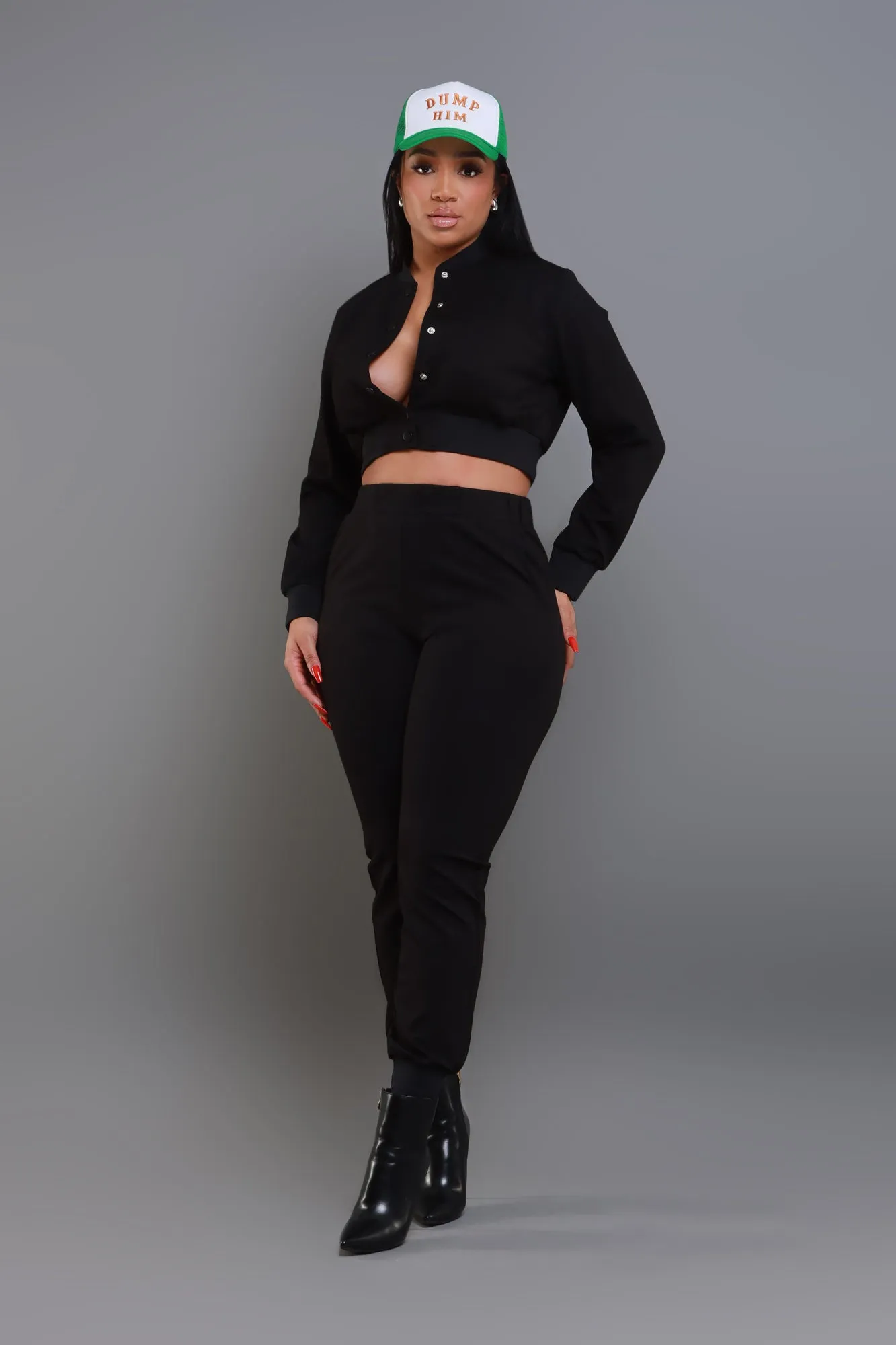 Top Priority Zippered Cropped Jogger Set - Black