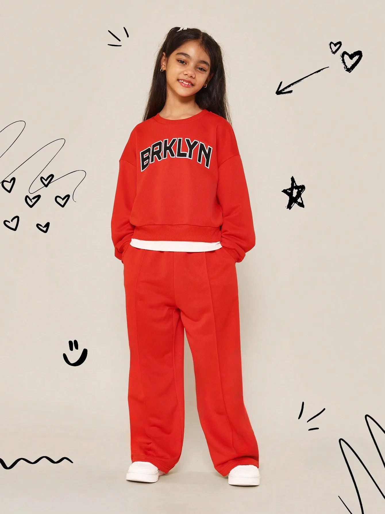 Tween Girls Brklyn Graphic Print Double Layer Sweatshirt And Wide Leg Jogger 2 Piece Set