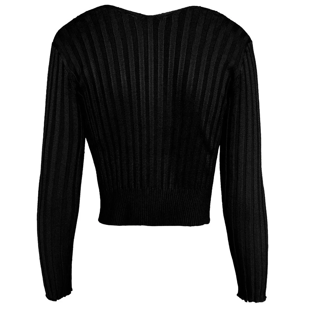 Unique Letter Chain Open Front Long Sleeve Ribbed Crop Cardigan - Black