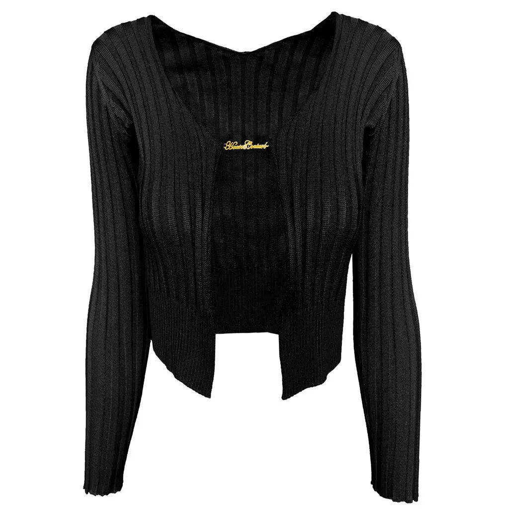 Unique Letter Chain Open Front Long Sleeve Ribbed Crop Cardigan - Black