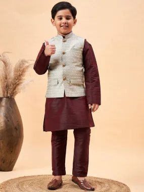 VASTRAMAY Boy's Beige Nehru Jacket With Wine Kurta And Pyjama Set