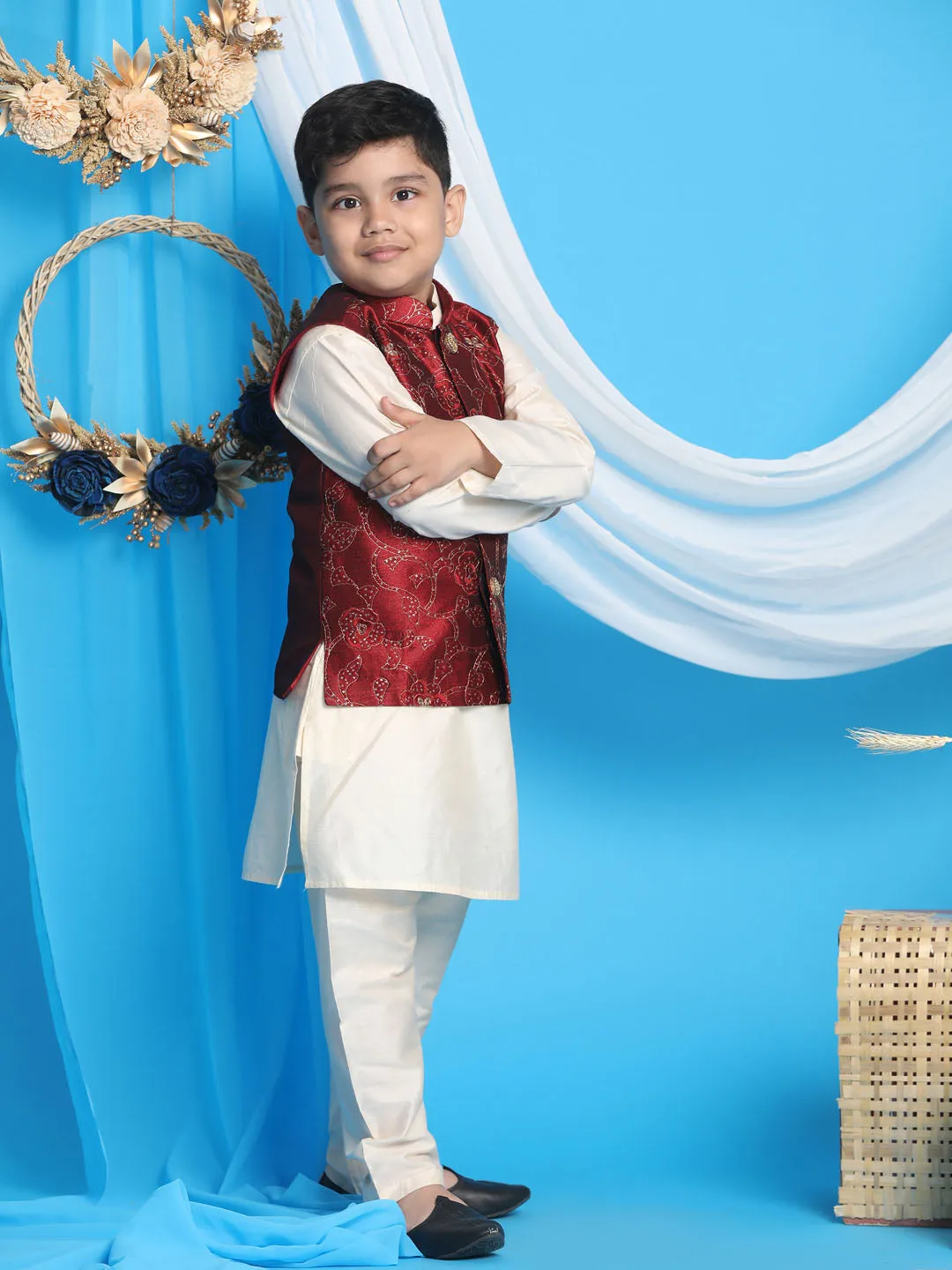 Vastramay Boy's Maroon Nehru Jacket With Cream Kurta And Pyjama Set