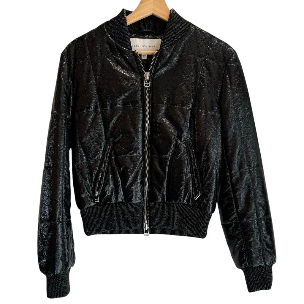 *Veronica Beard Malin Quilted Patent Faux Leather Zip-Up Cropped Bomber Jacket, Size S