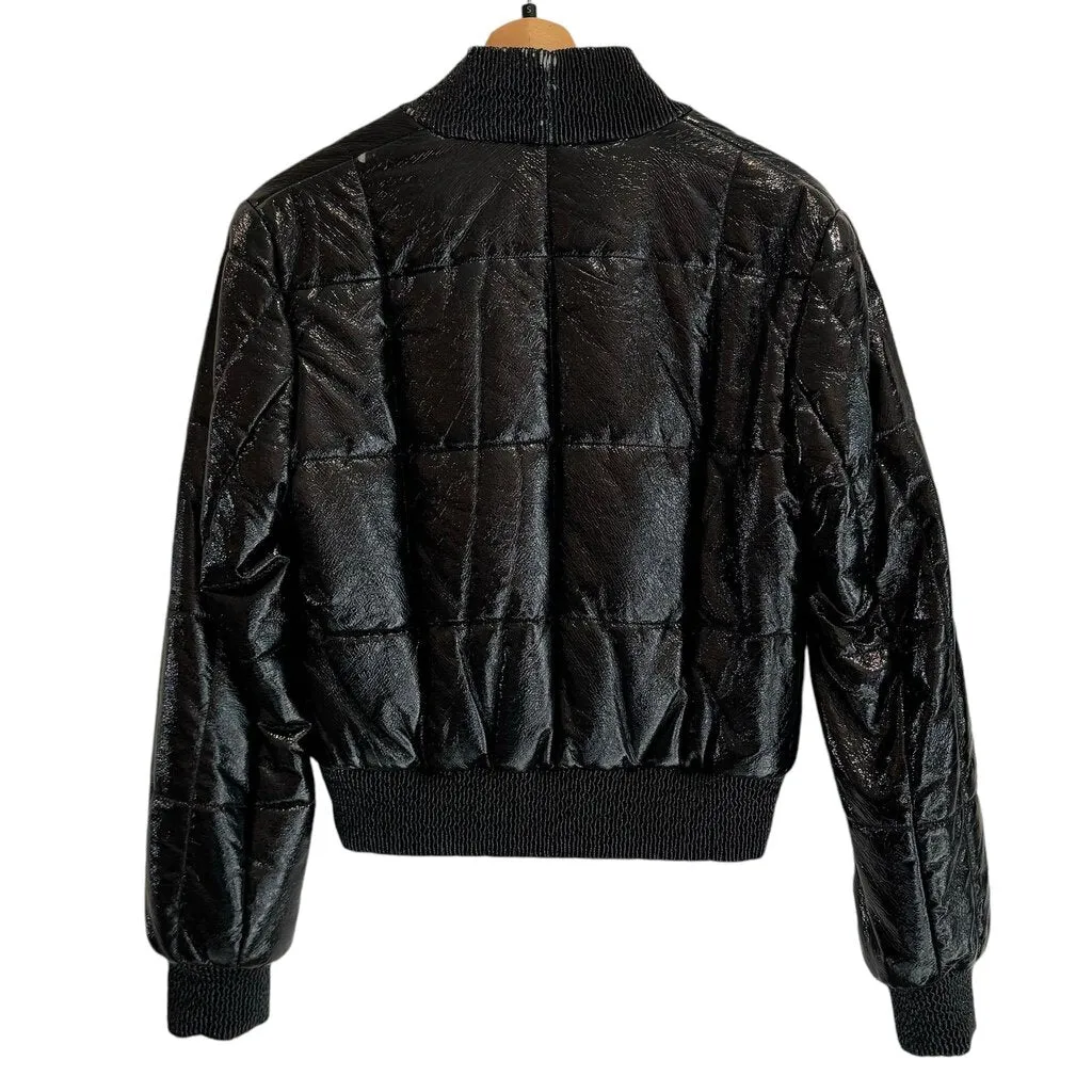 *Veronica Beard Malin Quilted Patent Faux Leather Zip-Up Cropped Bomber Jacket, Size S