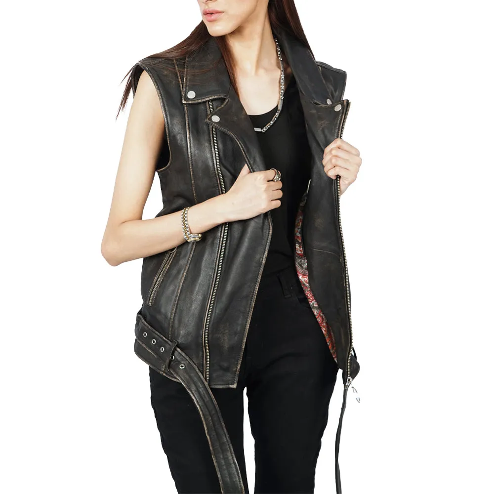 Vest Sleeveless Belted Ash Black Leather Jacket