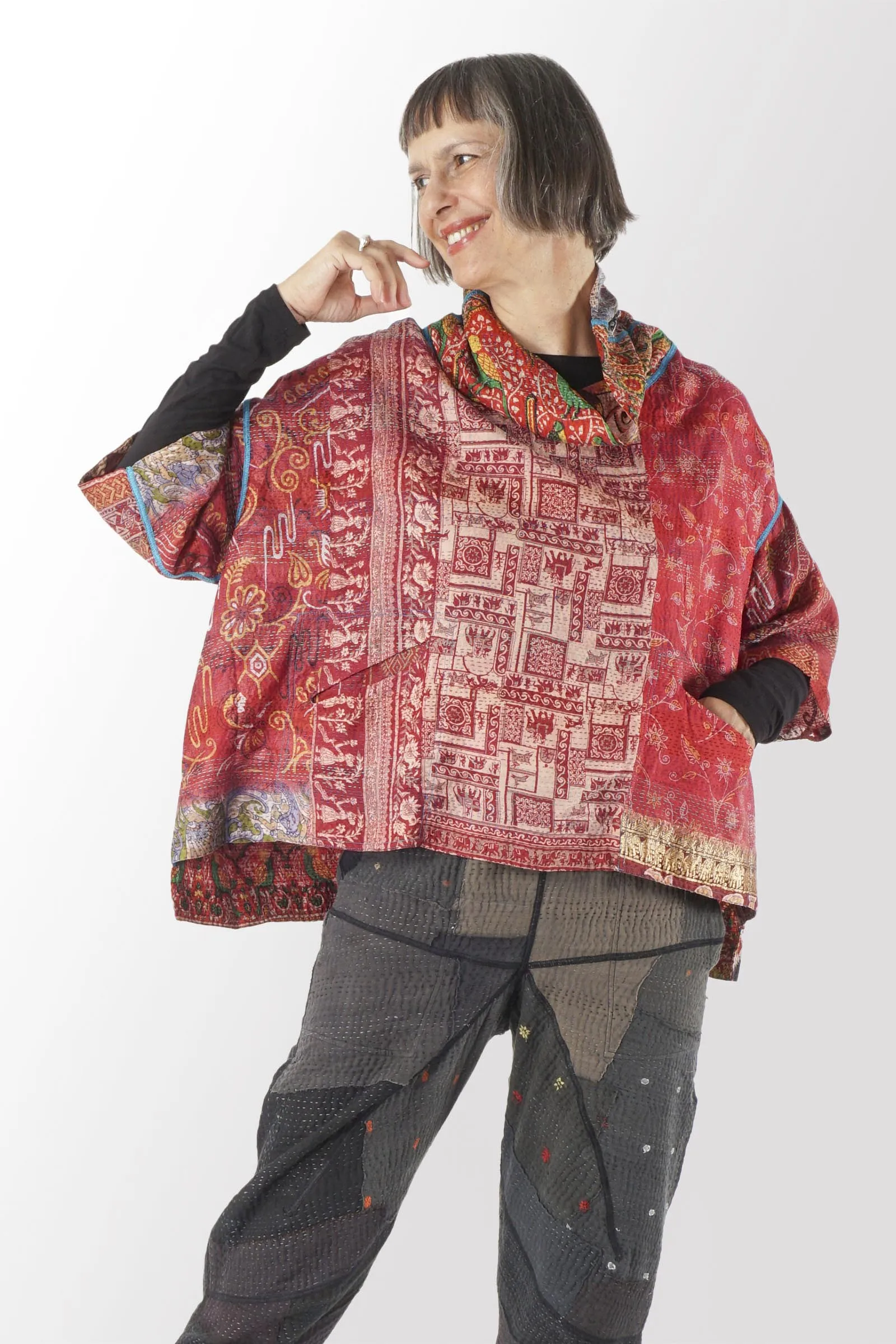 VINTAGE SILK KANTHA COWL NECK PONCHO - sv2061-0001a -