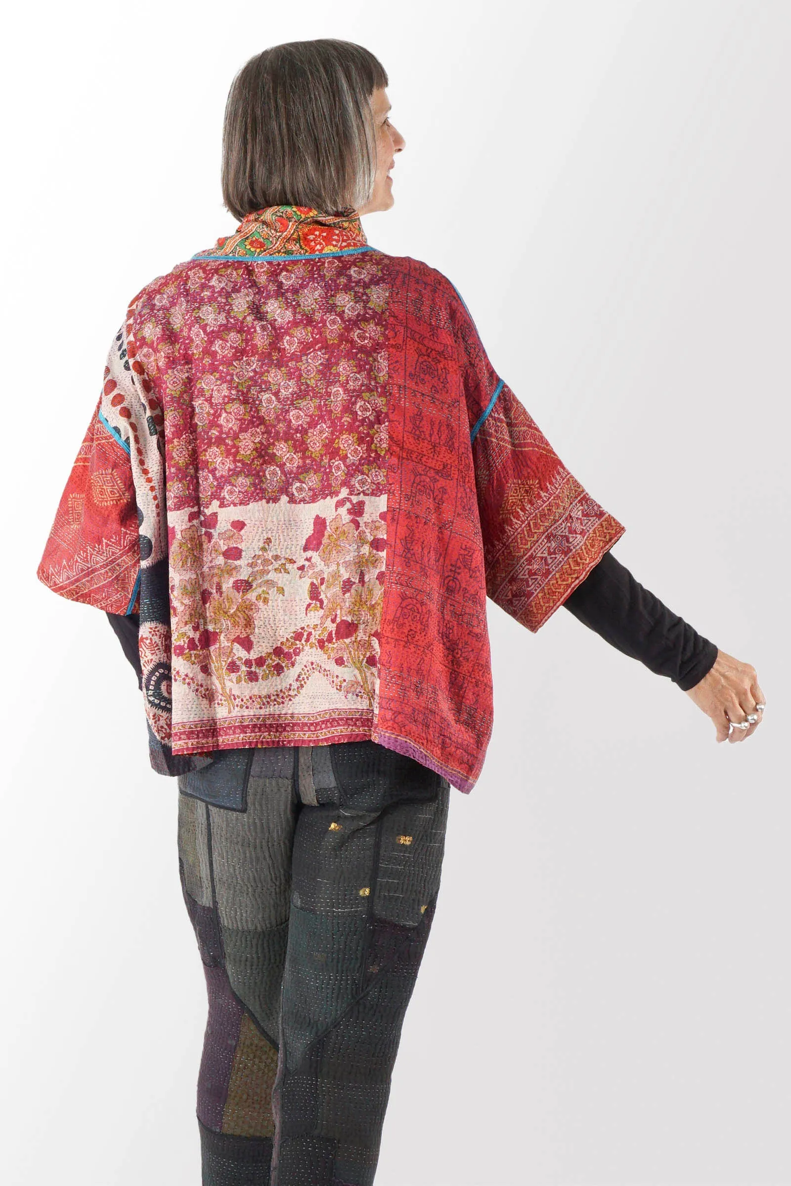 VINTAGE SILK KANTHA COWL NECK PONCHO - sv2061-0001a -