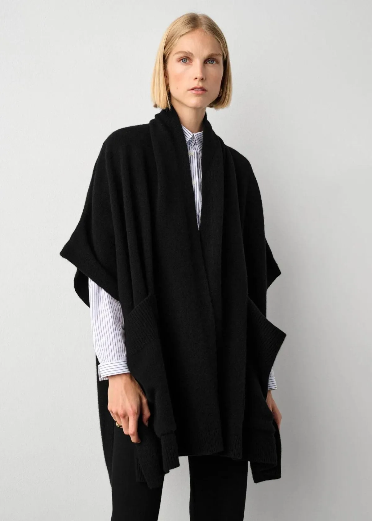 WHITE   WARREN Cashmere Blend Open Poncho - Black