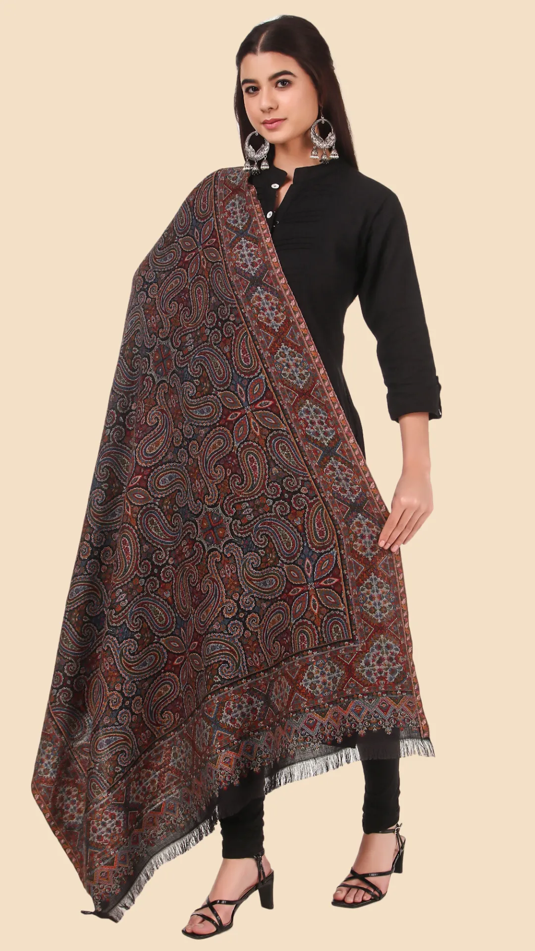 Women Black & Maroon Paisley Woven Design Shawl