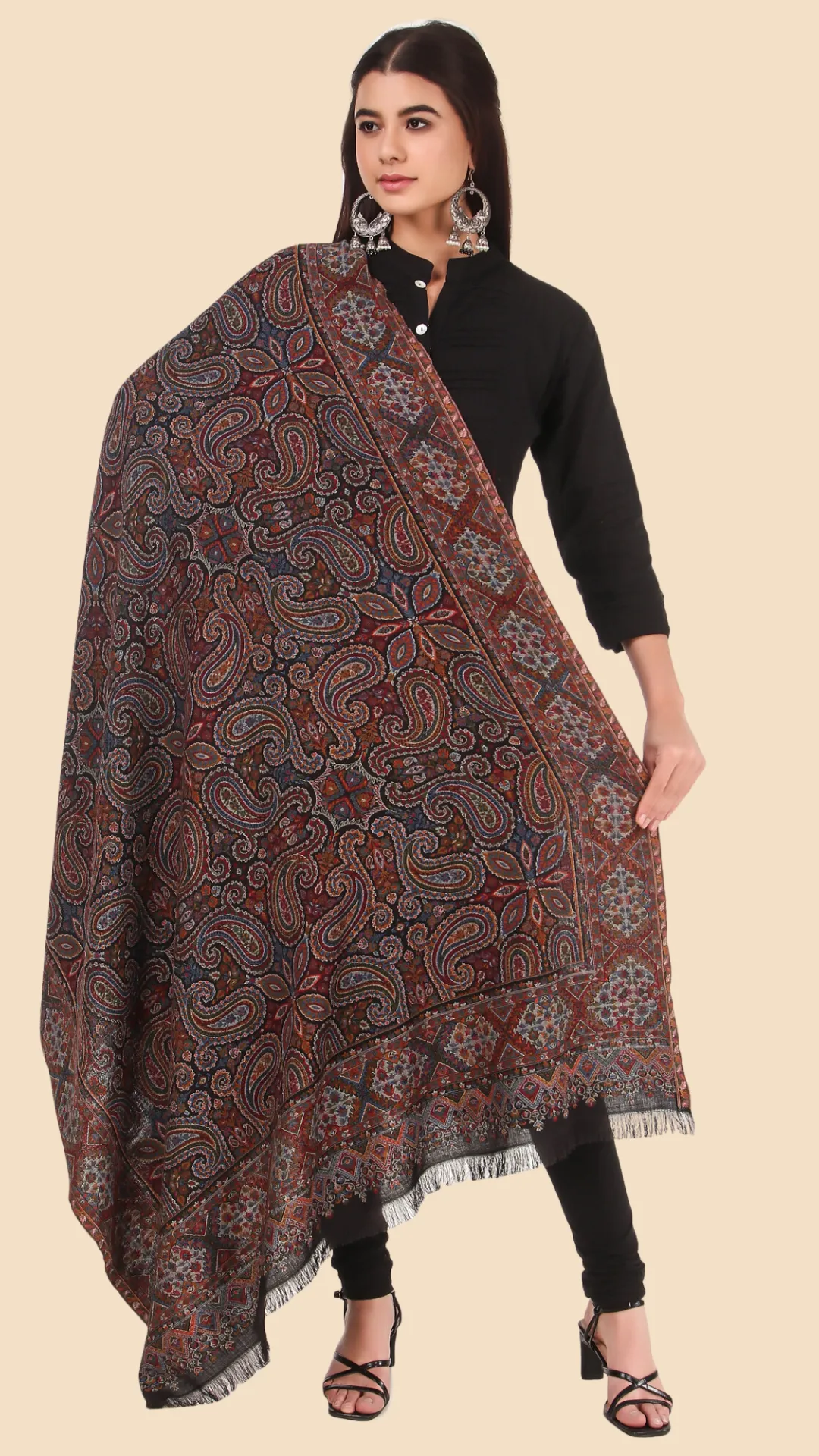 Women Black & Maroon Paisley Woven Design Shawl