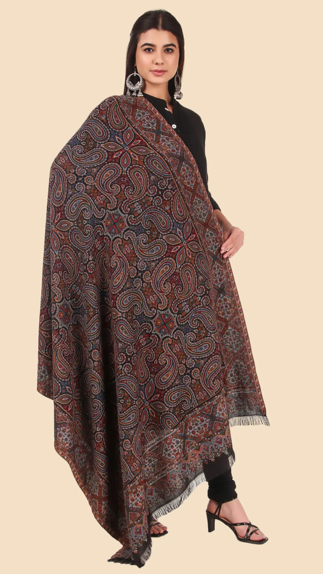 Women Black & Maroon Paisley Woven Design Shawl