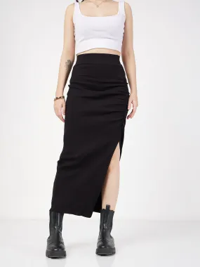 Women Black Rib Front Ruched Midi Skirt