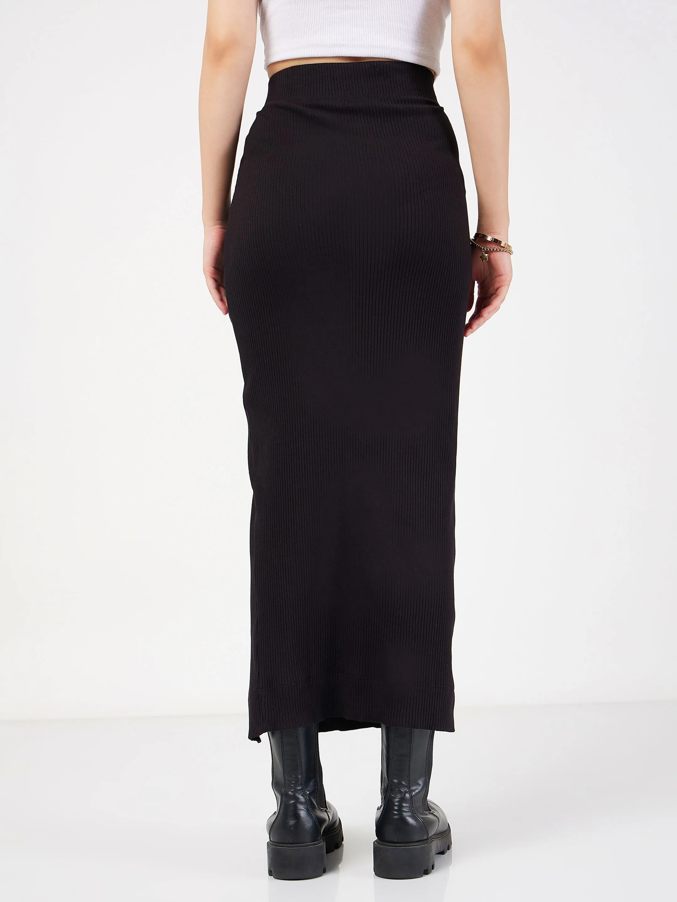 Women Black Rib Front Ruched Midi Skirt