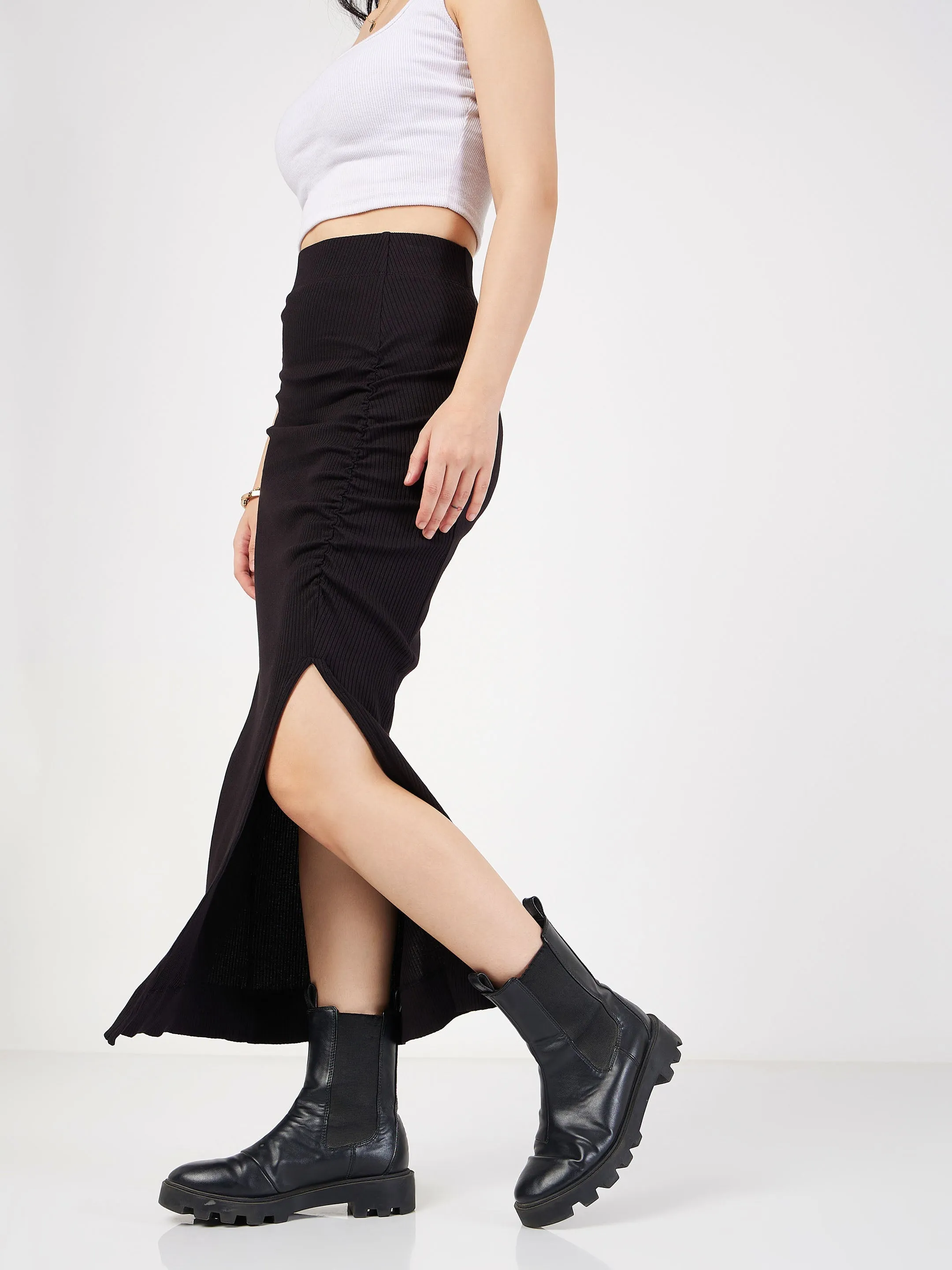 Women Black Rib Front Ruched Midi Skirt