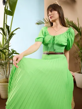 Women Green Puff Sleeves Crop Top With Midi Skirt