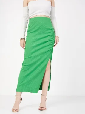 Women Green Rib Front Ruched Midi Skirt