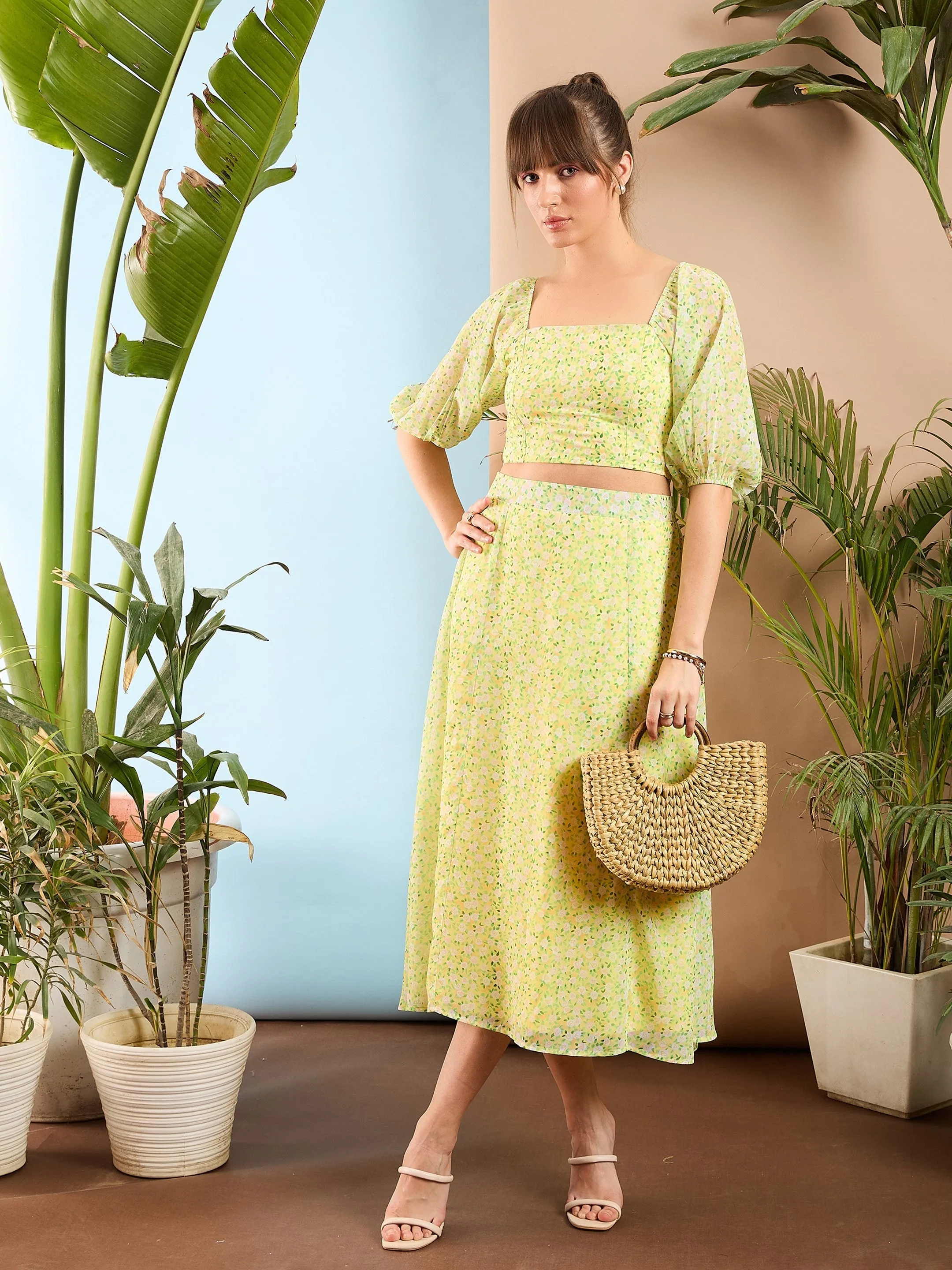 Women Lime Yellow Ditsy Floral Crop Top With Midi Skirt