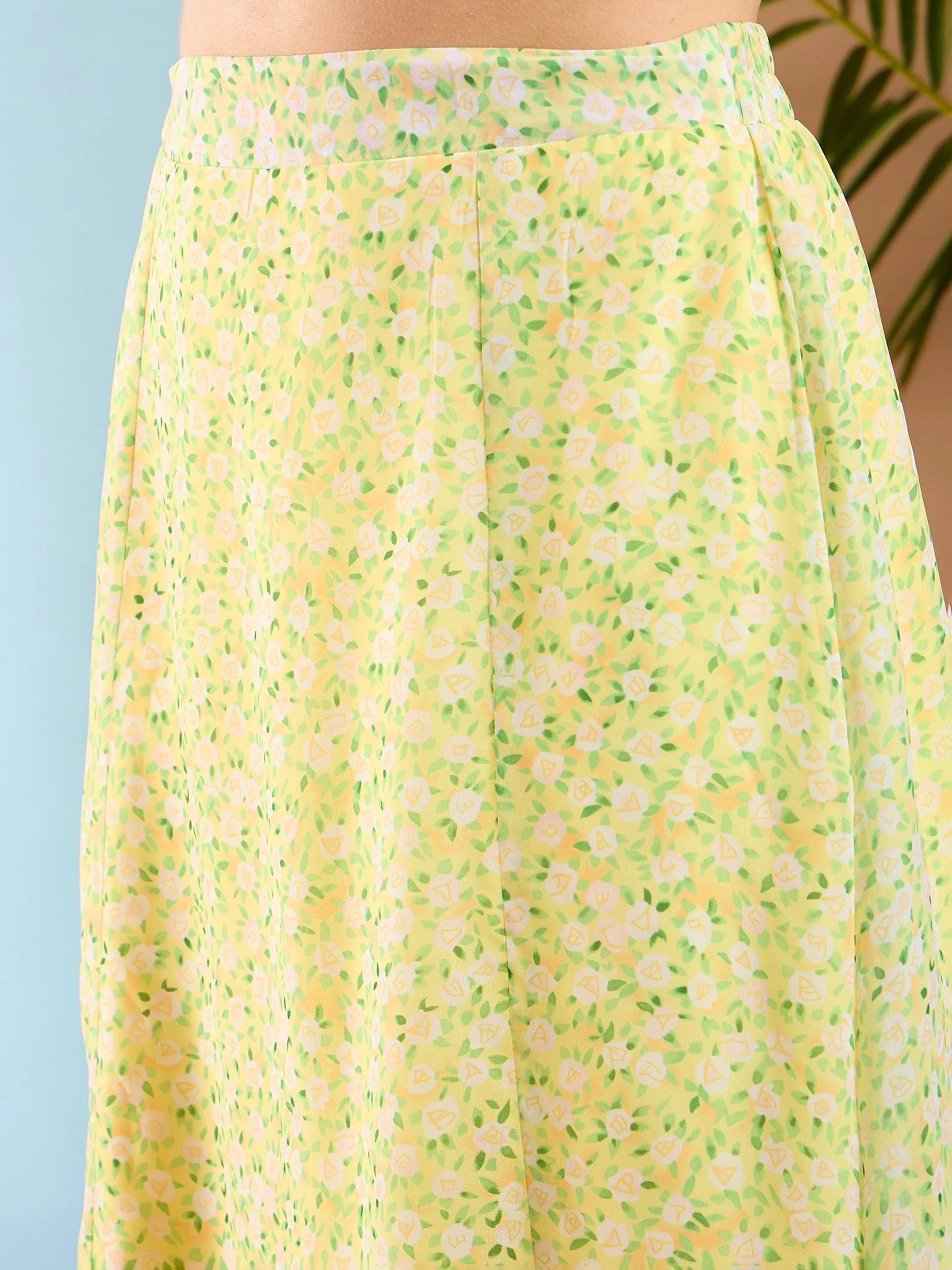 Women Lime Yellow Ditsy Floral Crop Top With Midi Skirt