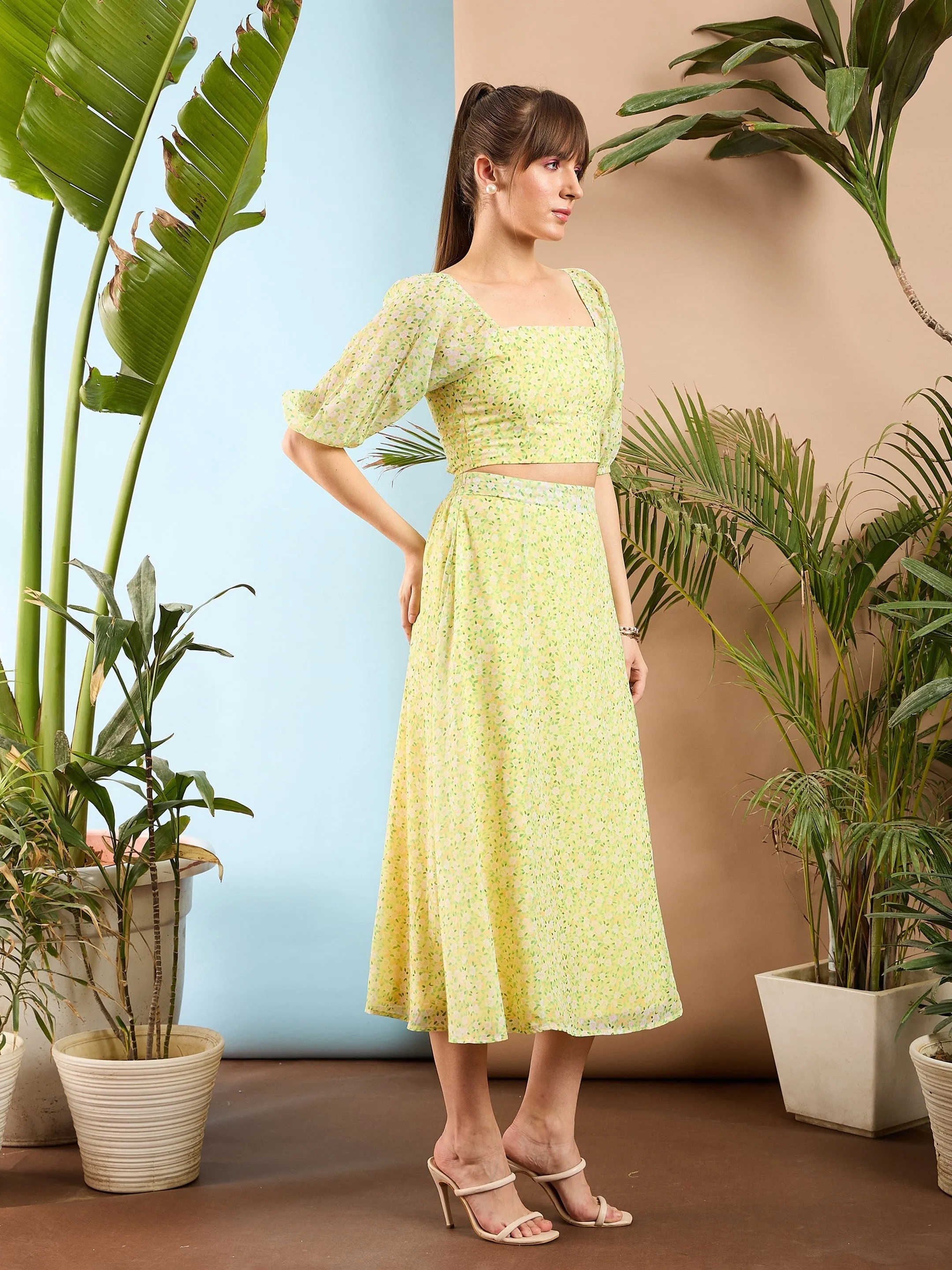 Women Lime Yellow Ditsy Floral Crop Top With Midi Skirt