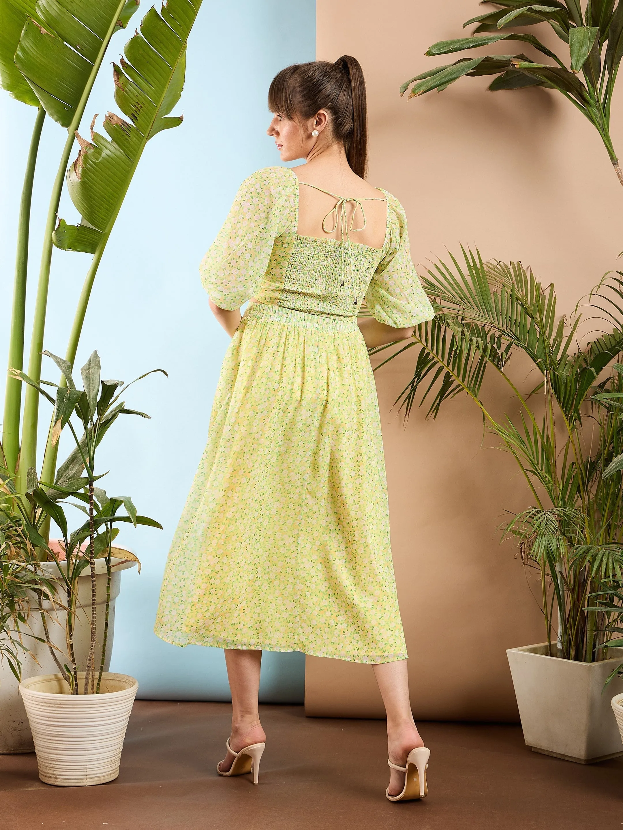 Women Lime Yellow Ditsy Floral Crop Top With Midi Skirt