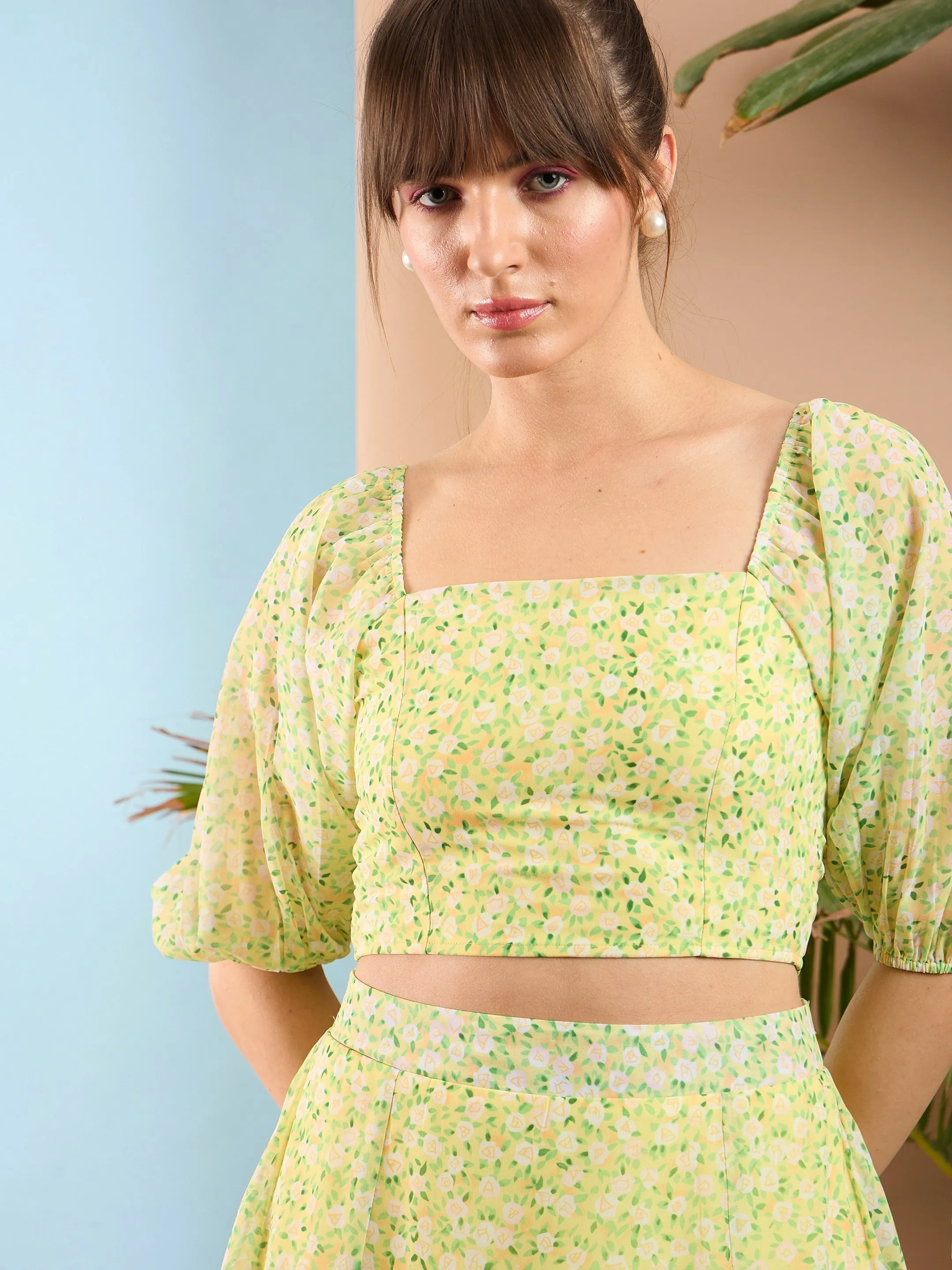 Women Lime Yellow Ditsy Floral Crop Top With Midi Skirt