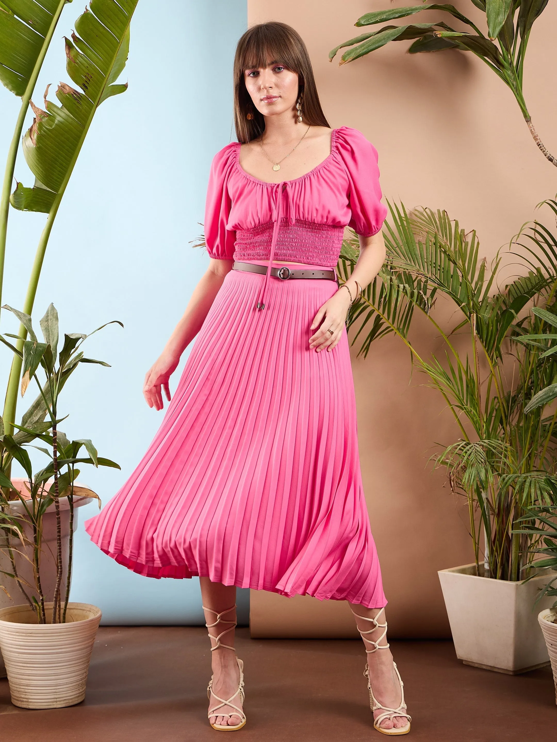 Women Pink Puff Sleeves Crop Top Midi Skirt