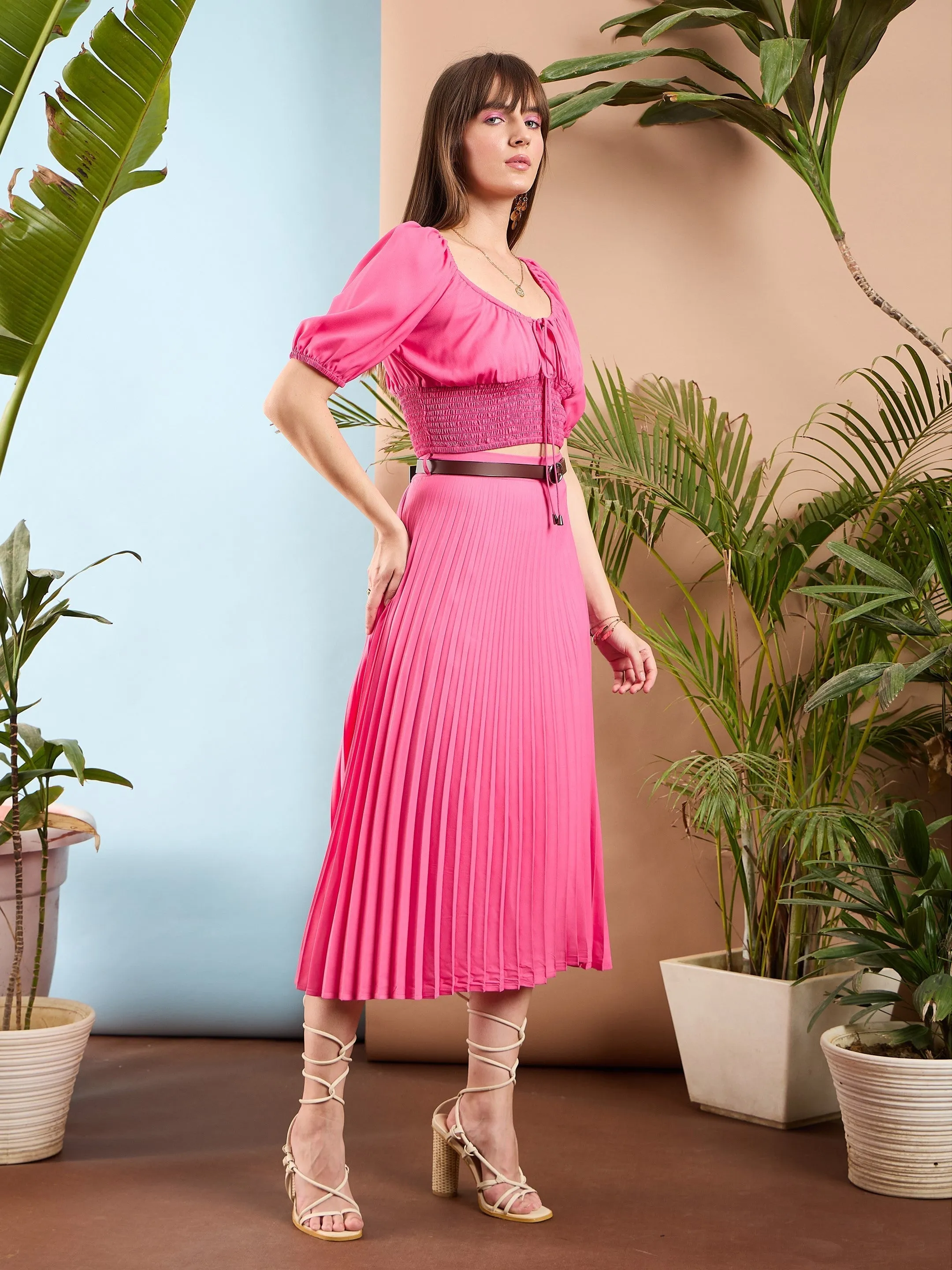 Women Pink Puff Sleeves Crop Top Midi Skirt