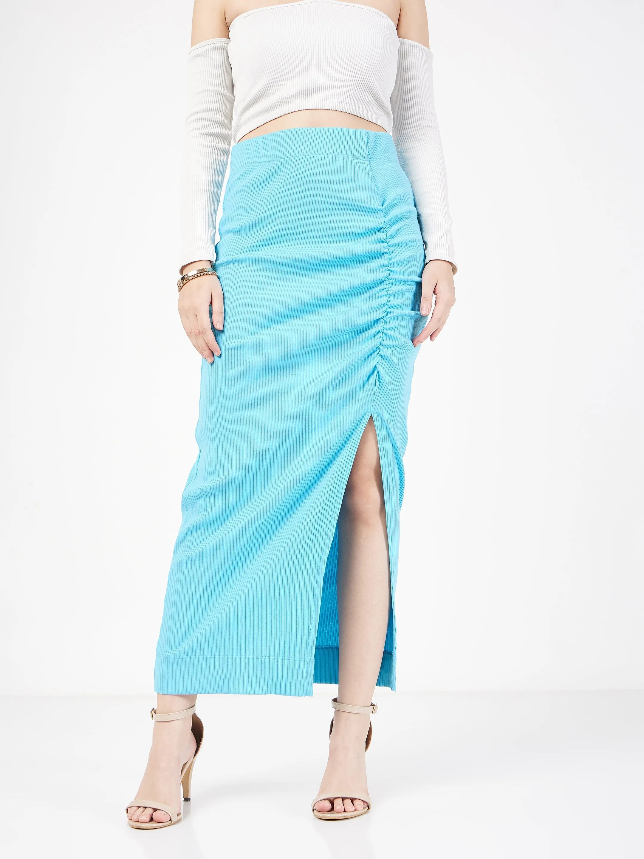 Women Turquoise Rib Front Ruched Midi Skirt