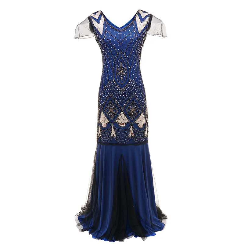 Women’s 1920s Vintage Sequins Fringe Long Gatsby Flapper Gown Party Cocktail Dresses