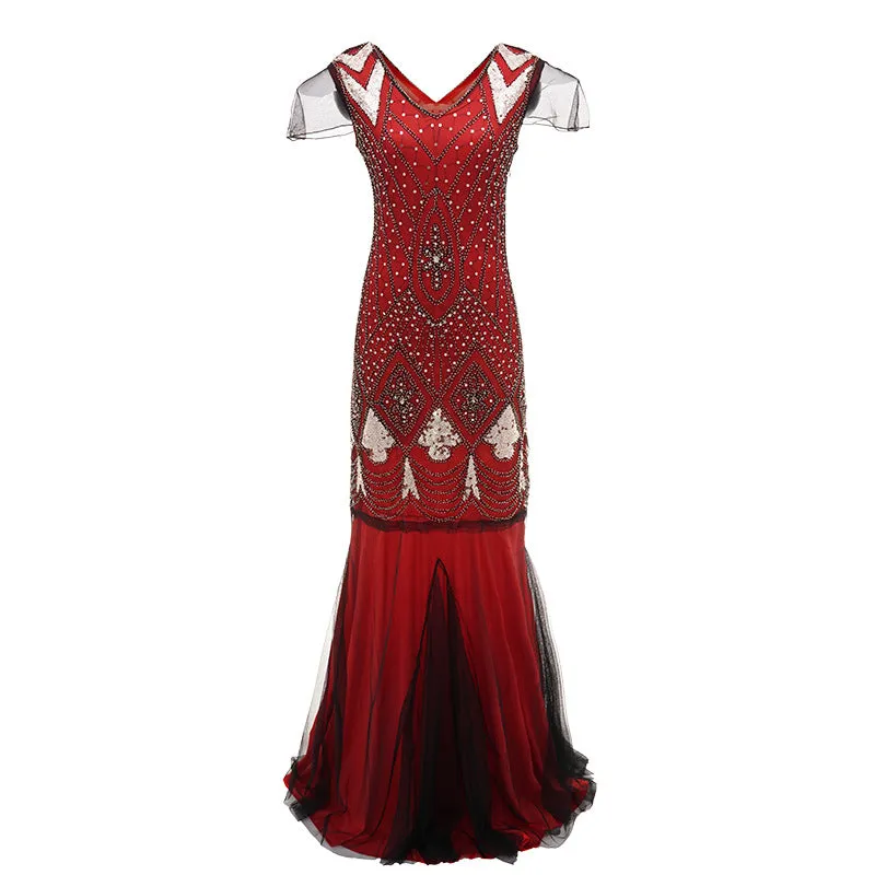 Women’s 1920s Vintage Sequins Fringe Long Gatsby Flapper Gown Party Cocktail Dresses