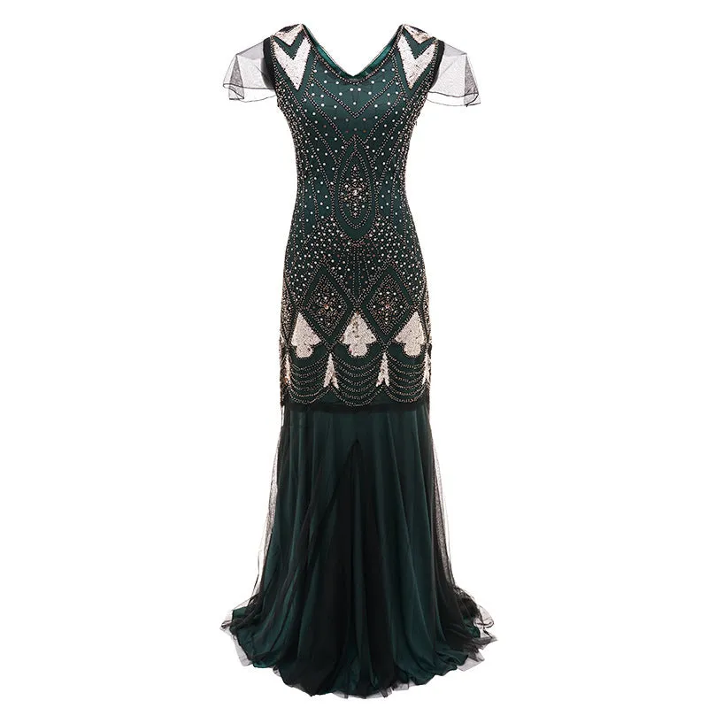 Women’s 1920s Vintage Sequins Fringe Long Gatsby Flapper Gown Party Cocktail Dresses