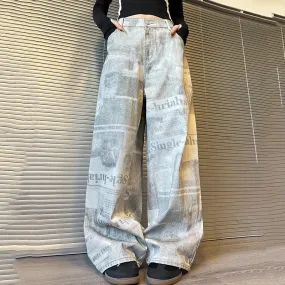 Women's Acid Washed Baggy Newspaper Print Jeans