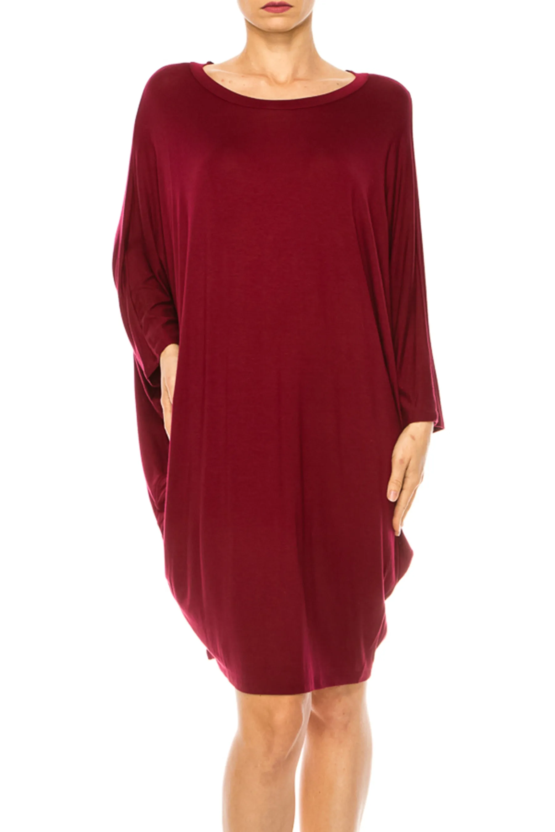 Women's Casual Loose Fit Long Sleeves Dolman Style Solid Midi Dress