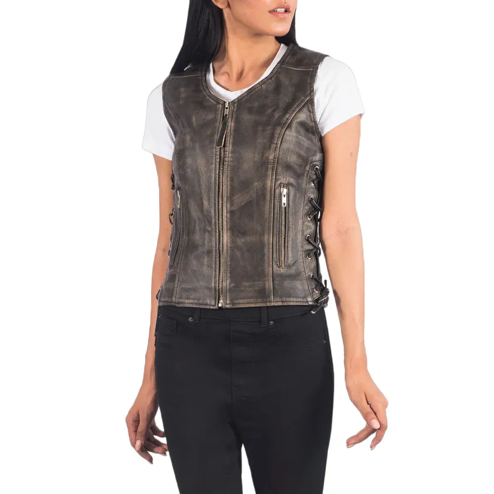 Womens Distressed Brown Leather Biker Vest