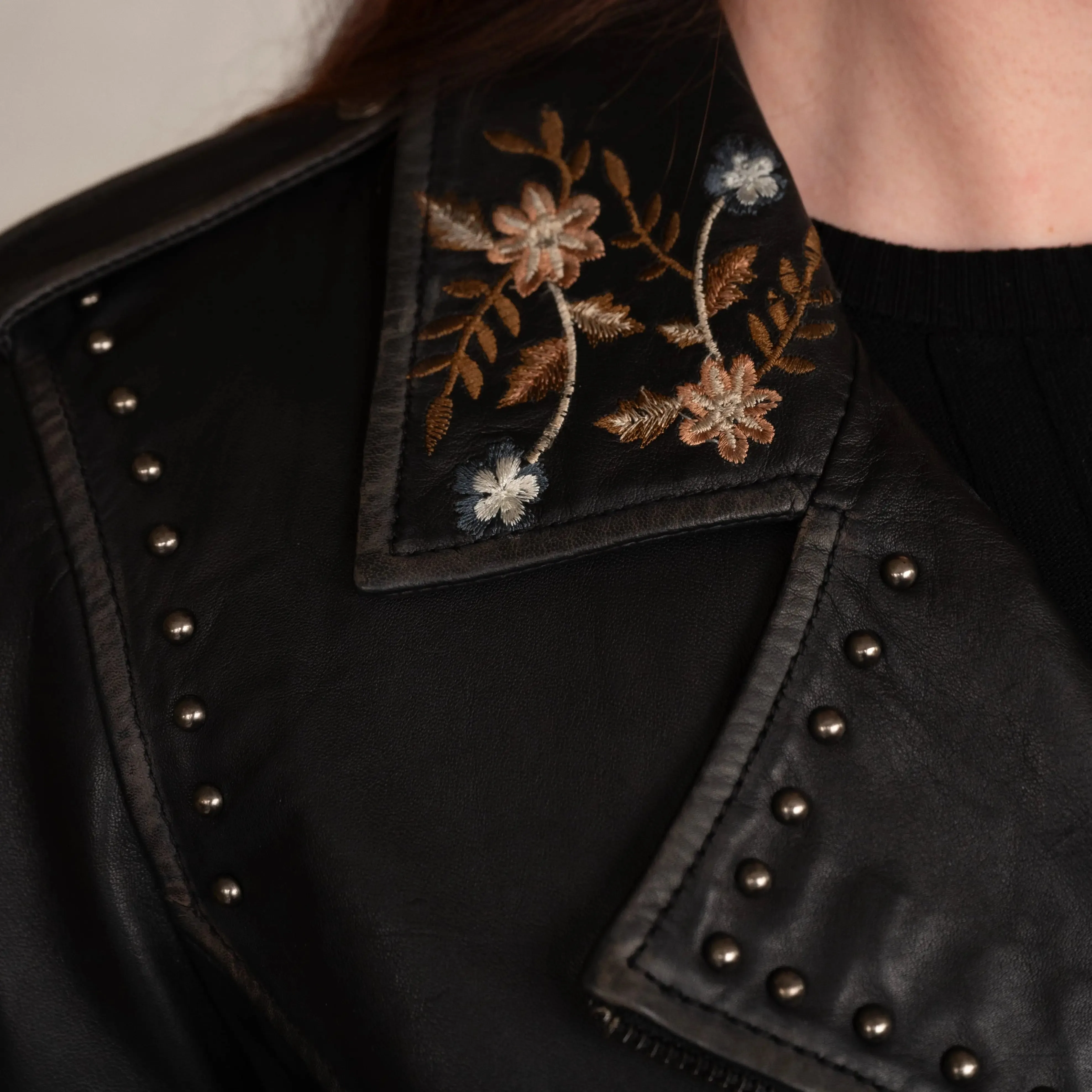 Women's Lamb Leather Jacket with Floral Embroidery