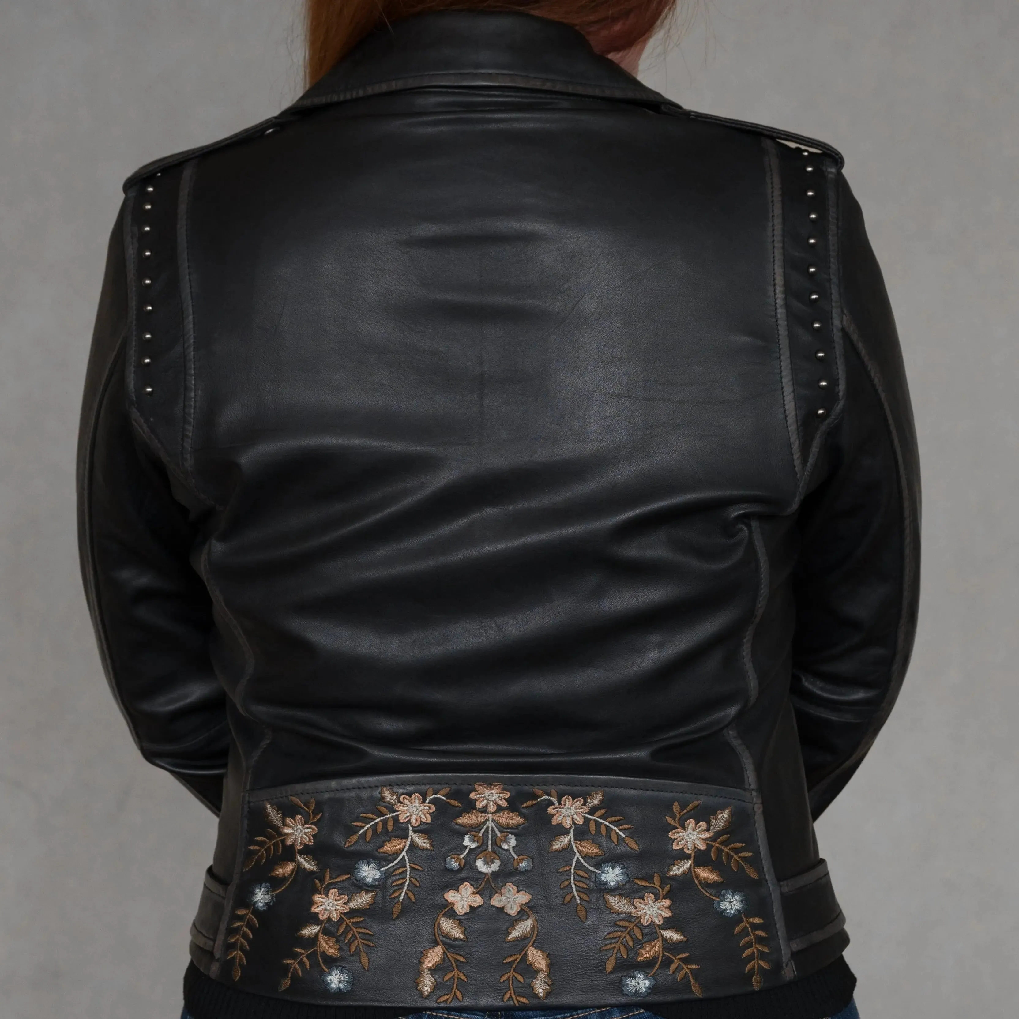 Women's Lamb Leather Jacket with Floral Embroidery