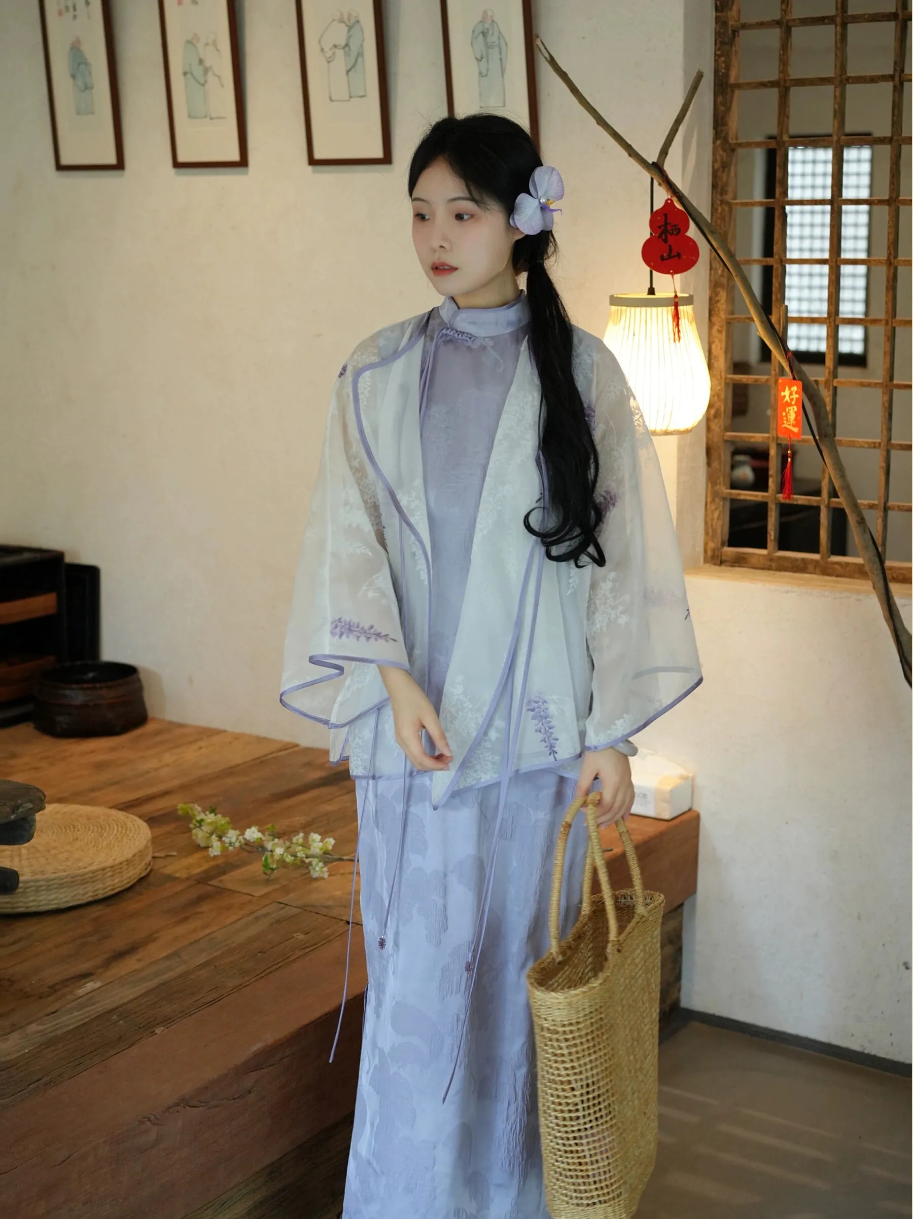 Wu Teng 雾藤 Misty Vine Modernized Handpainted Wisteria Bottleneck Qipao & Cardigan