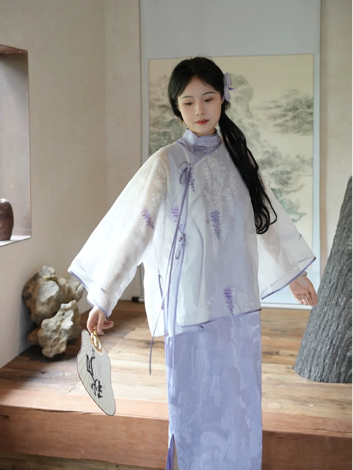 Wu Teng 雾藤 Misty Vine Modernized Handpainted Wisteria Bottleneck Qipao & Cardigan